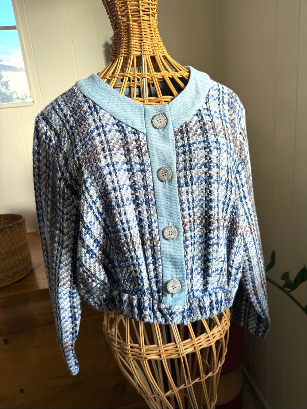 NWT Zara Plaid Tweed Chanel-Style Button-Front Women's Top XL